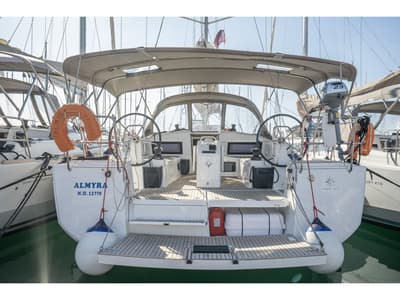 Cockpit of Almyra 440, a Jeanneau Sun Odyssey 440 sailboat at Marpissa, Greece