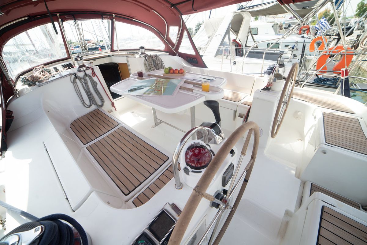 Cockpit of Vori, a Beneteau Oceanis Clipper 473 sailboat at Athens, Greece