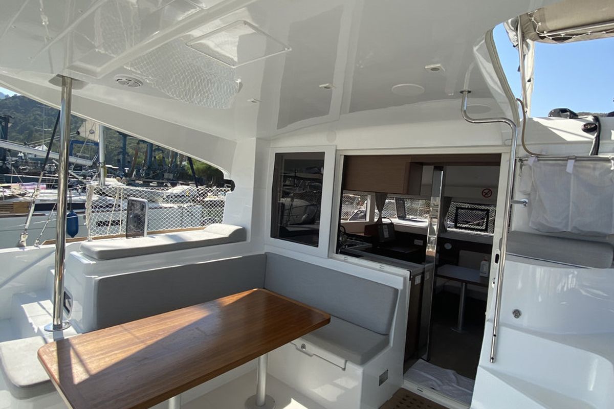 Deck of Falcon, a Lagoon 40 catamaran at Fethiye, Turkey
