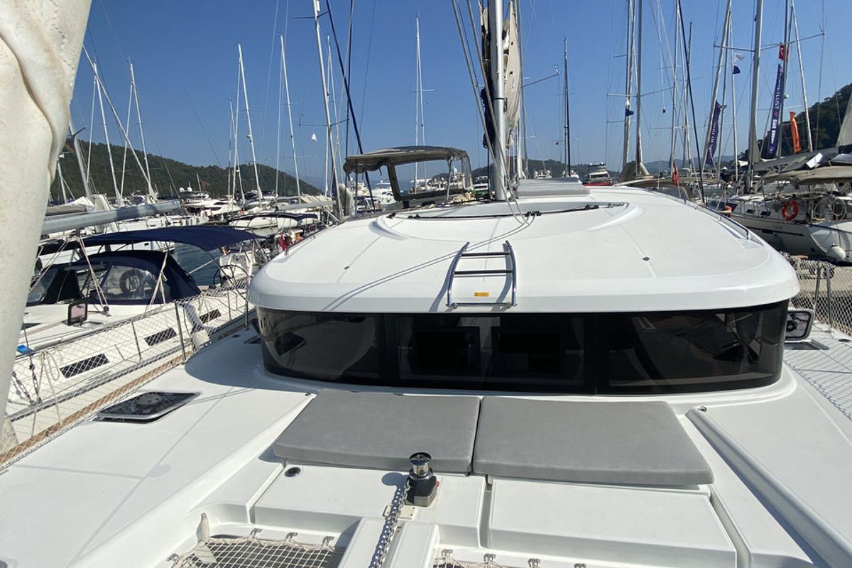 Deck of Falcon, a Lagoon 40 catamaran at Fethiye, Turkey