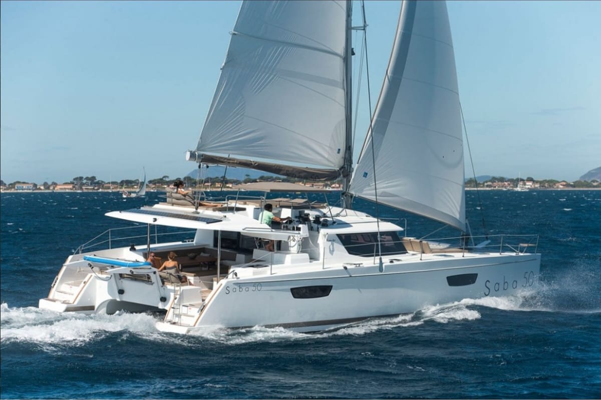 Exterior view of Serenity, a Fountaine Pajot Saba 50 catamaran at Cogolin, France