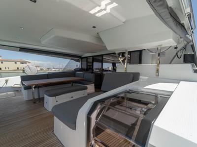 Deck of Kali II, a Fountaine Pajot Aura 51 catamaran at Capo d'Orlando, Italy