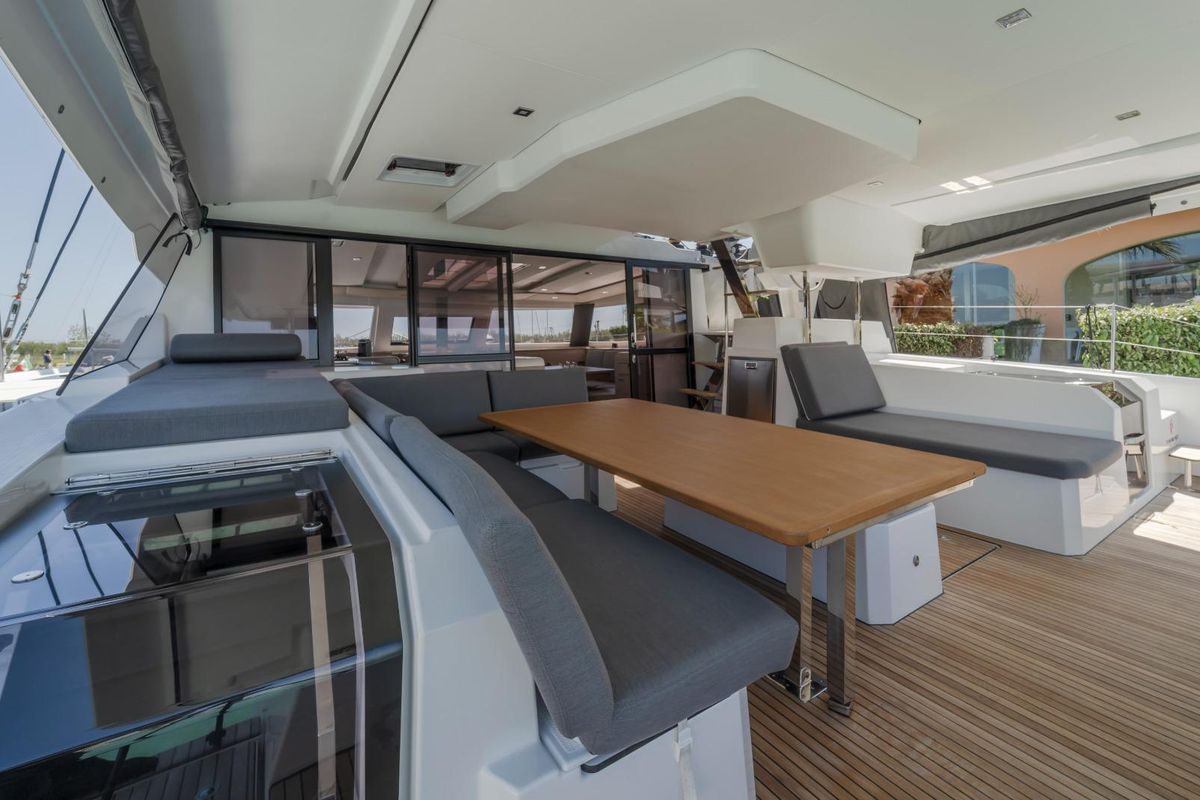 Deck of Kali II, a Fountaine Pajot Aura 51 catamaran at Capo d'Orlando, Italy