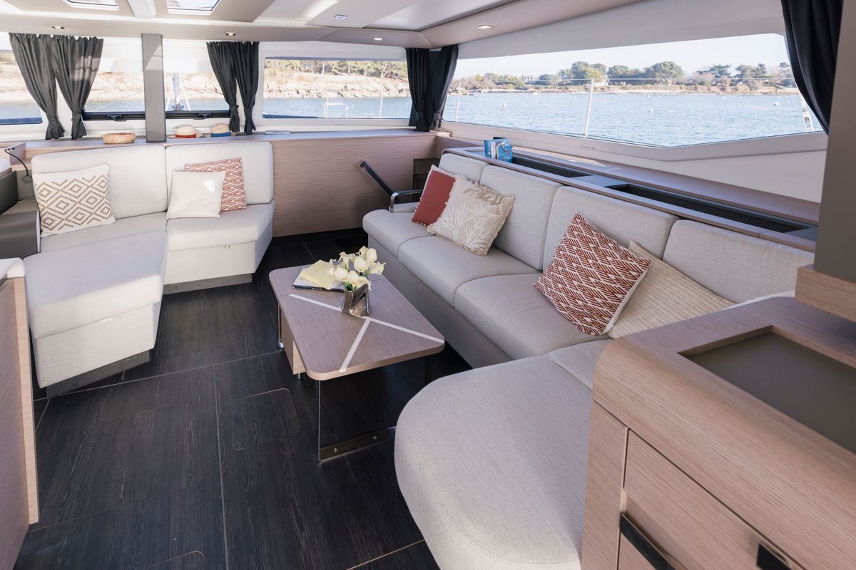 Salon of Kali II, a Fountaine Pajot Aura 51 catamaran at Capo d'Orlando, Italy