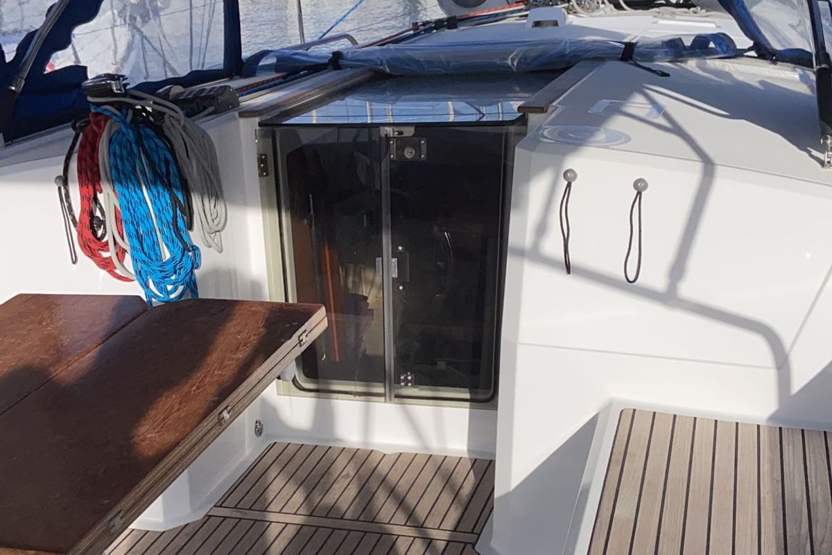 Deck of Jasmine, a Beneteau Oceanis 38.1 sailboat at Procida, Italy