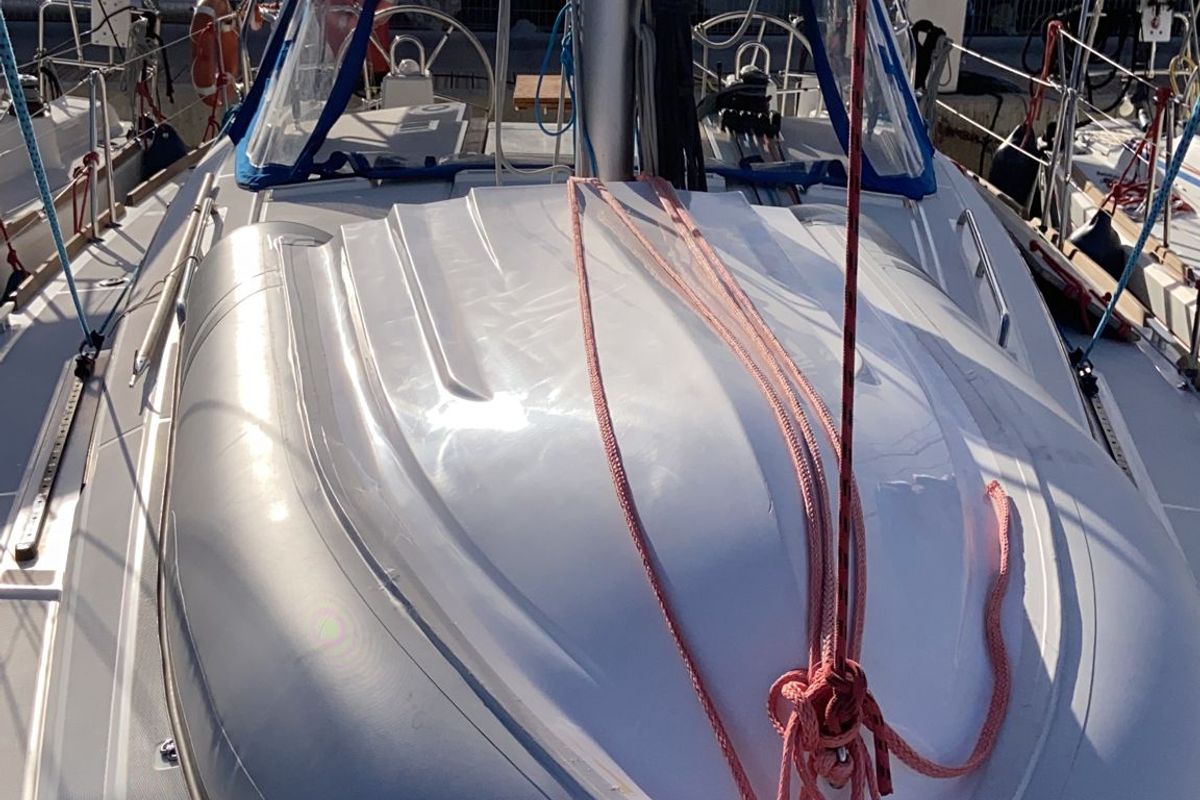 Deck of Jasmine, a Beneteau Oceanis 38.1 sailboat at Procida, Italy