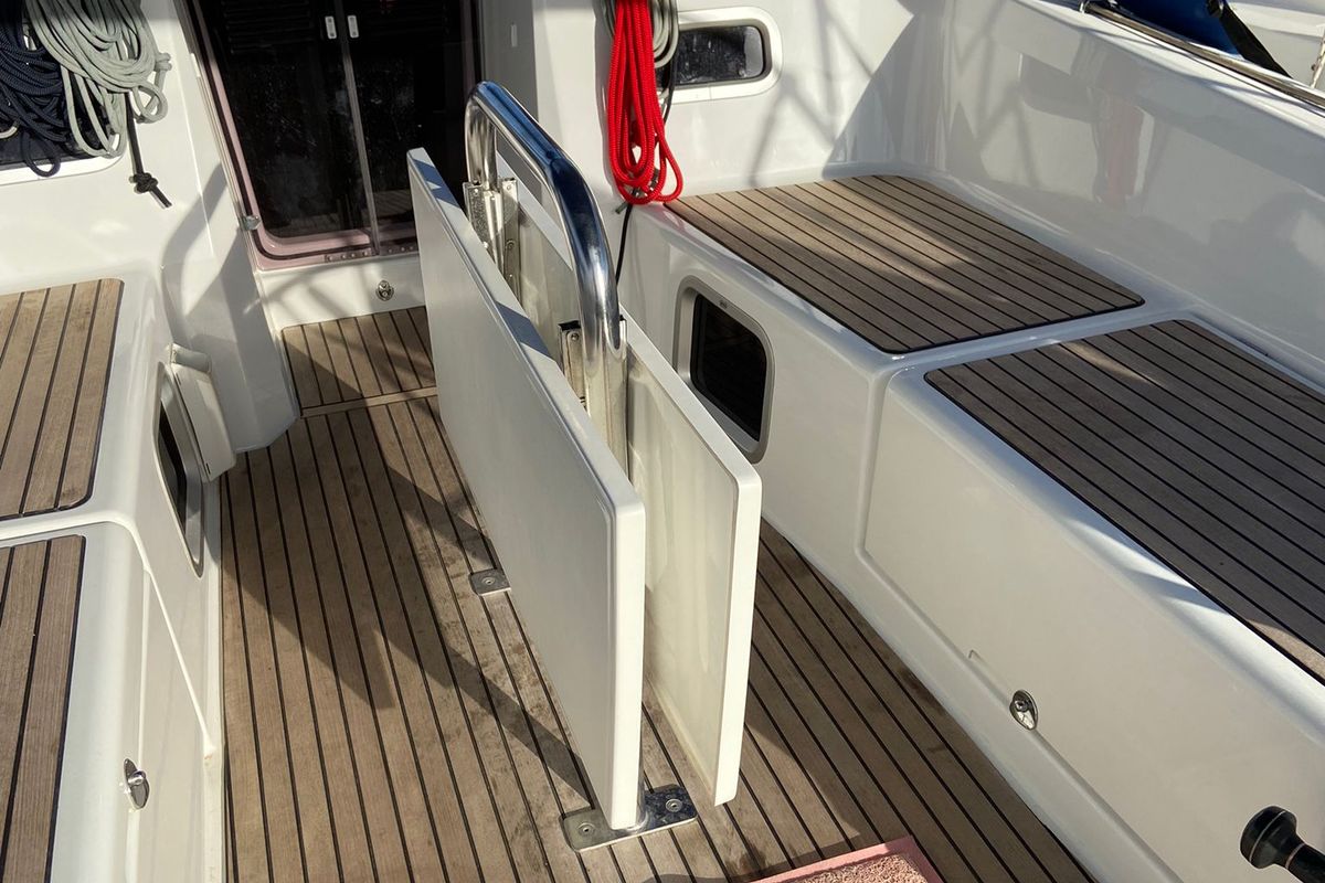 Deck of Jasmine, a Beneteau Oceanis 38.1 sailboat at Procida, Italy