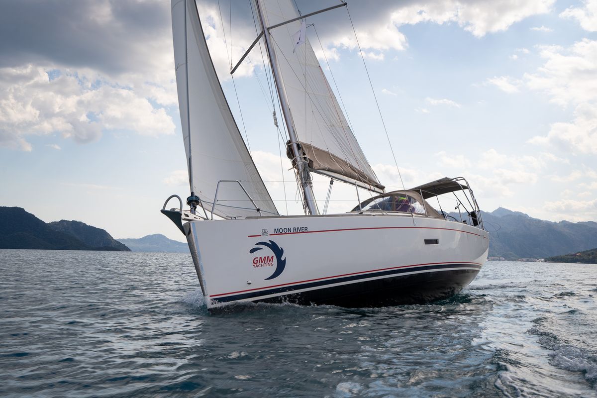 Exterior view of Moon River, a Dufour 335 Grand Large sailboat at Marmaris, Turkey