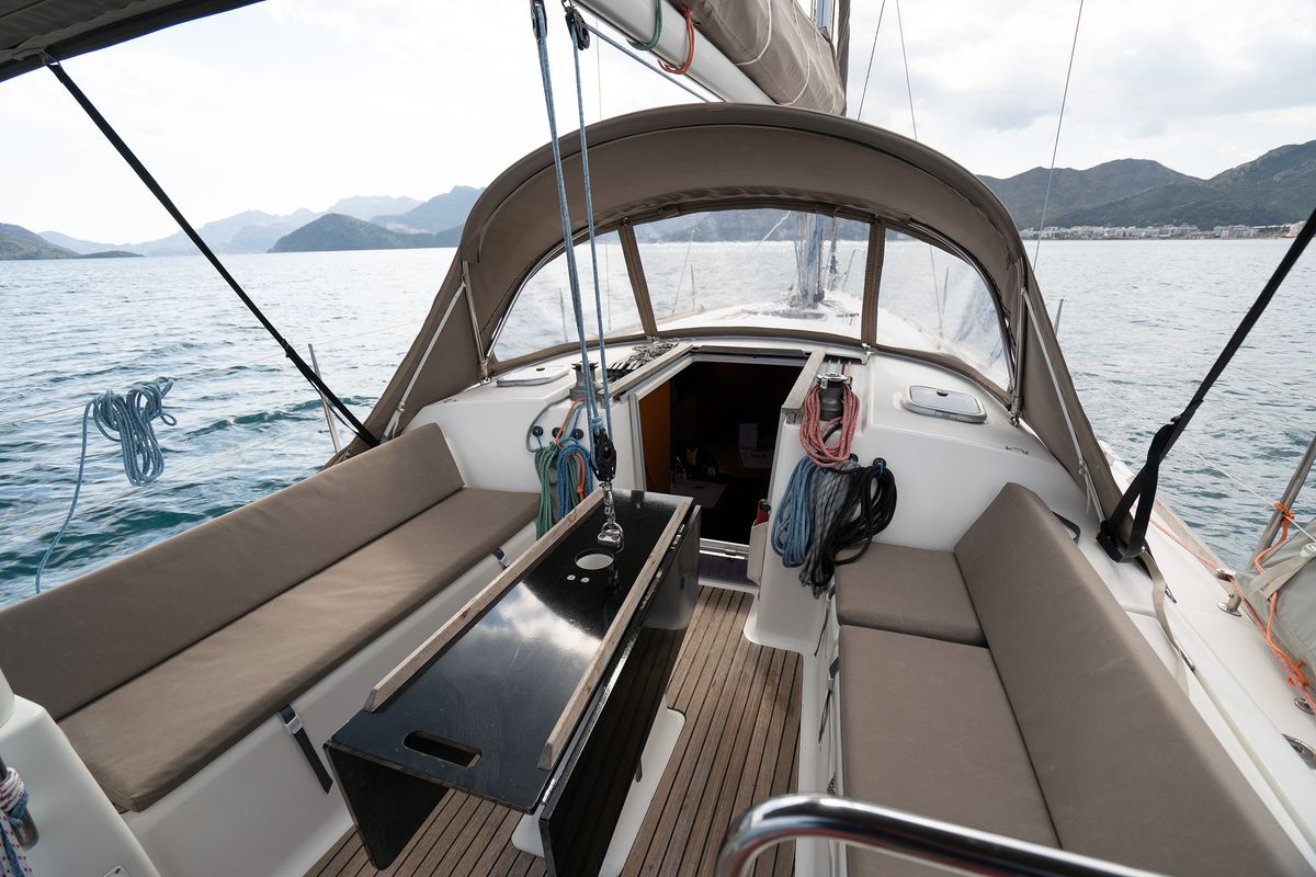 Cockpit of Moon River, a Dufour 335 Grand Large sailboat at Marmaris, Turkey