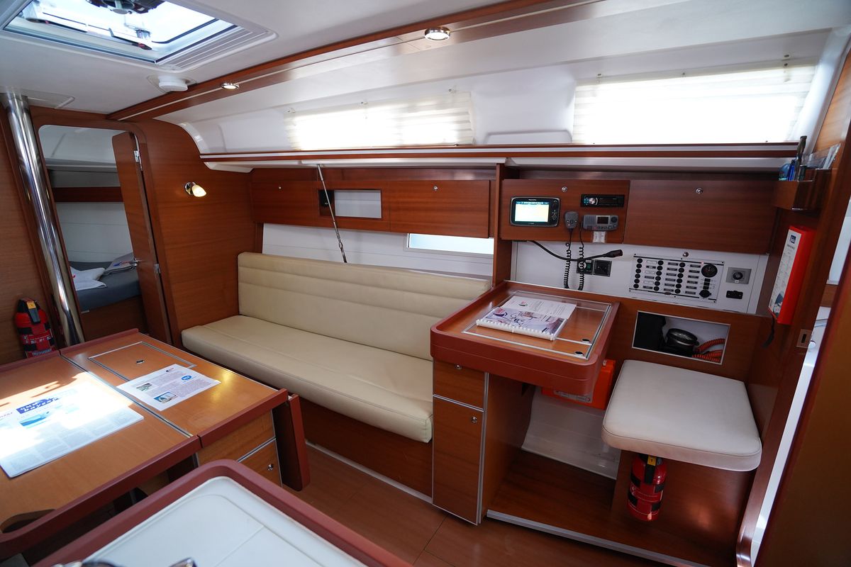 Salon of Moon River, a Dufour 335 Grand Large sailboat at Marmaris, Turkey