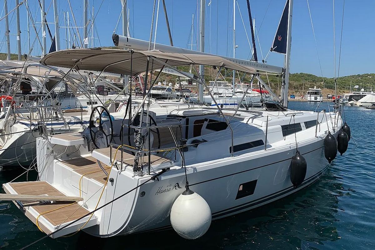 Exterior view of Piranha, a Hanse Yachts Hanse 418 sailboat at Municipal Unit of Lefkada, Greece