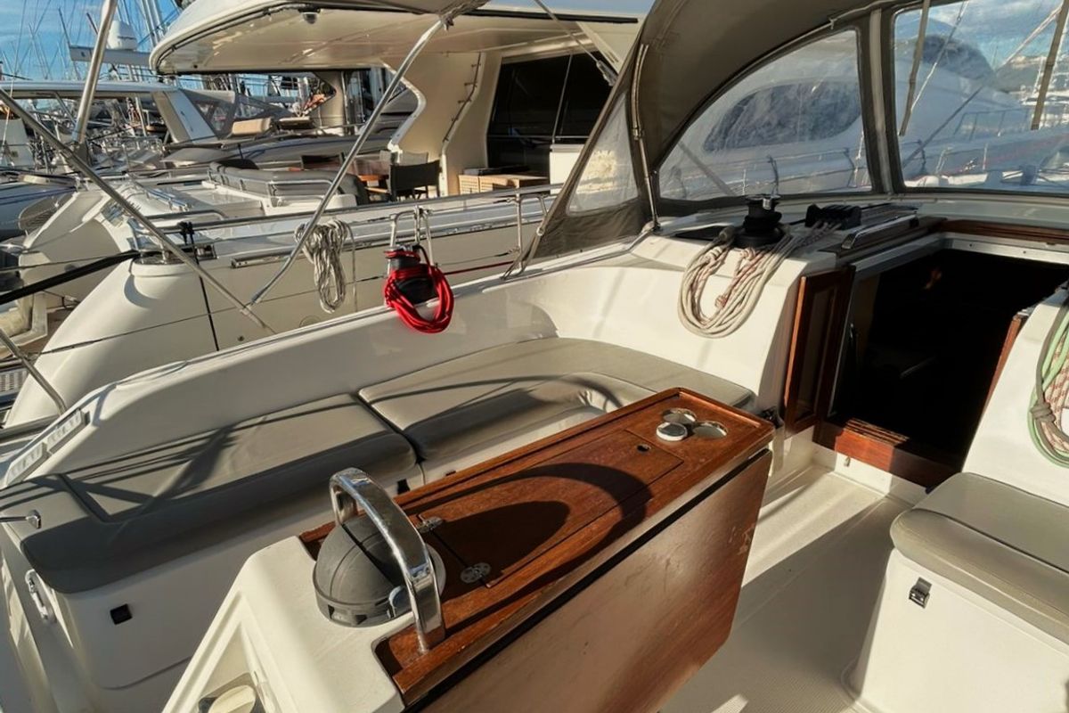 Cockpit of Leonidas IV, a Bavaria Cruiser 51 sailboat at Athens, Greece