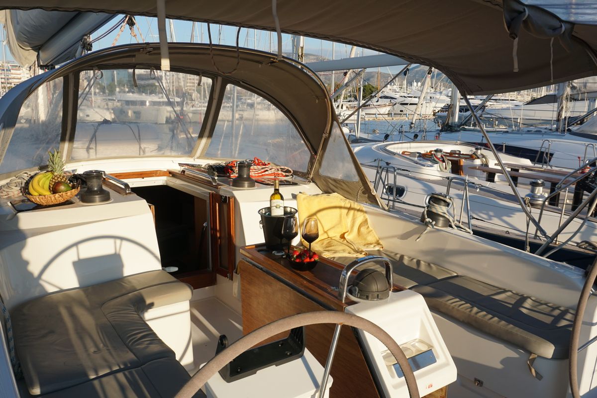 Cockpit of Leonidas IV, a Bavaria Cruiser 51 sailboat at Athens, Greece
