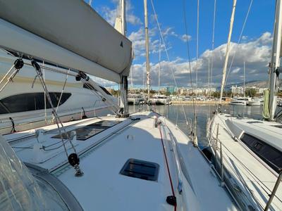 Deck of Leonidas IV, a Bavaria Cruiser 51 sailboat at Athens, Greece