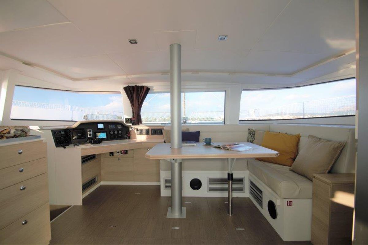 Salon of Albert, a Bali 4.5 catamaran at Port de Pollença, Spain