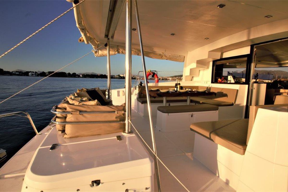Deck of Albert, a Bali 4.5 catamaran at Port de Pollença, Spain