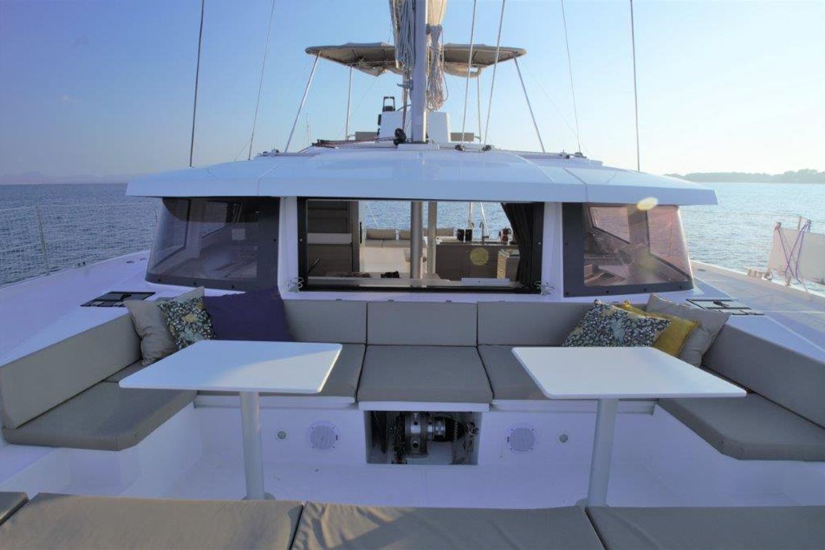 Deck of Albert, a Bali 4.5 catamaran at Port de Pollença, Spain