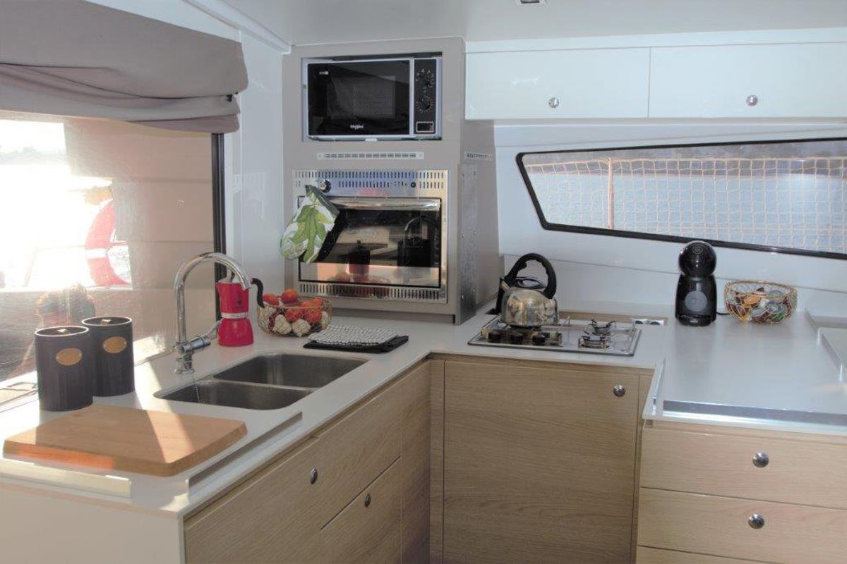 Galley of Albert, a Bali 4.5 catamaran at Port de Pollença, Spain
