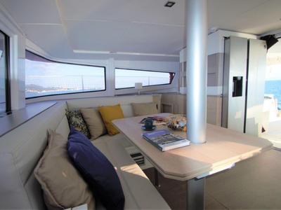 Salon of Albert, a Bali 4.5 catamaran at Port de Pollença, Spain