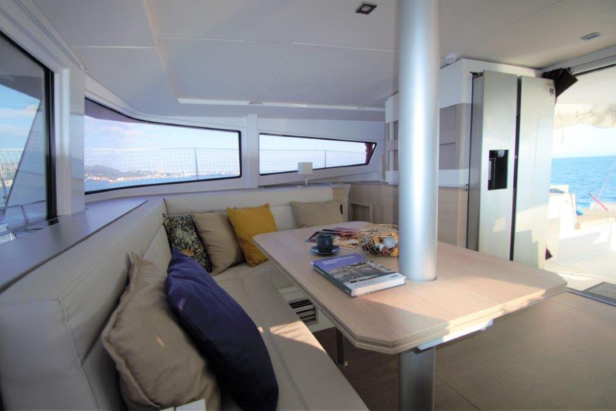 Salon of Albert, a Bali 4.5 catamaran at Port de Pollença, Spain