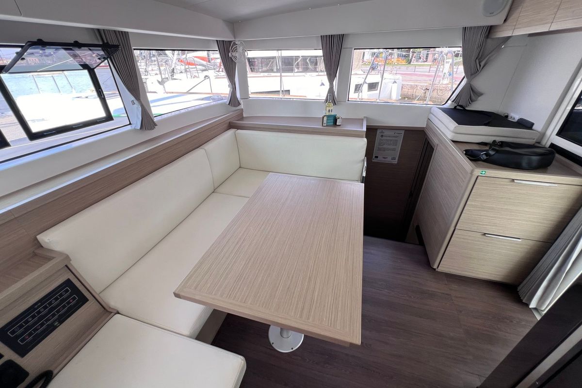 Salon of Niso, a Lagoon 40 catamaran at Loutraki, Greece