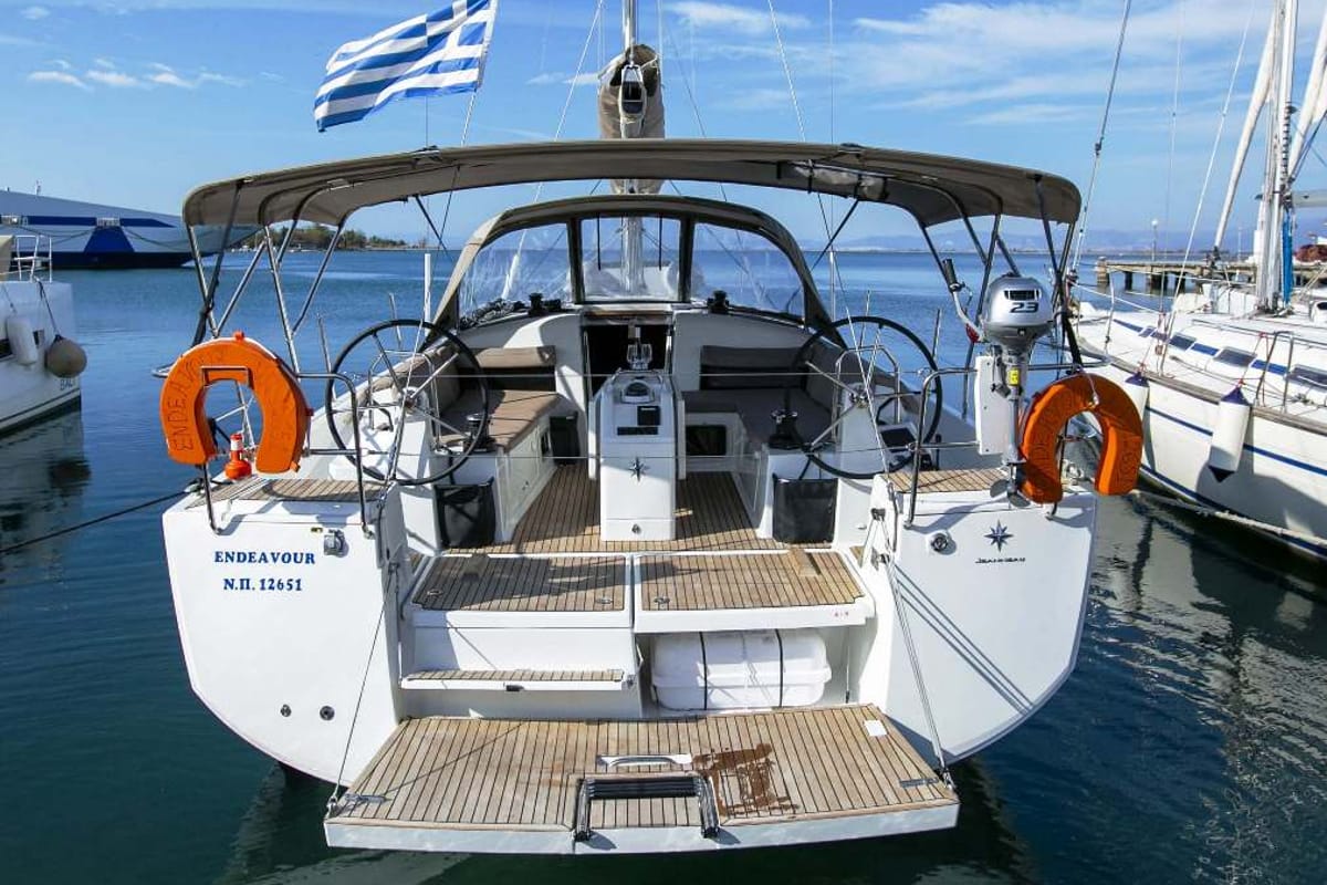 Exterior view of Endeavour, a Jeanneau Sun Odyssey 440 sailboat at Neo Klima, Greece
