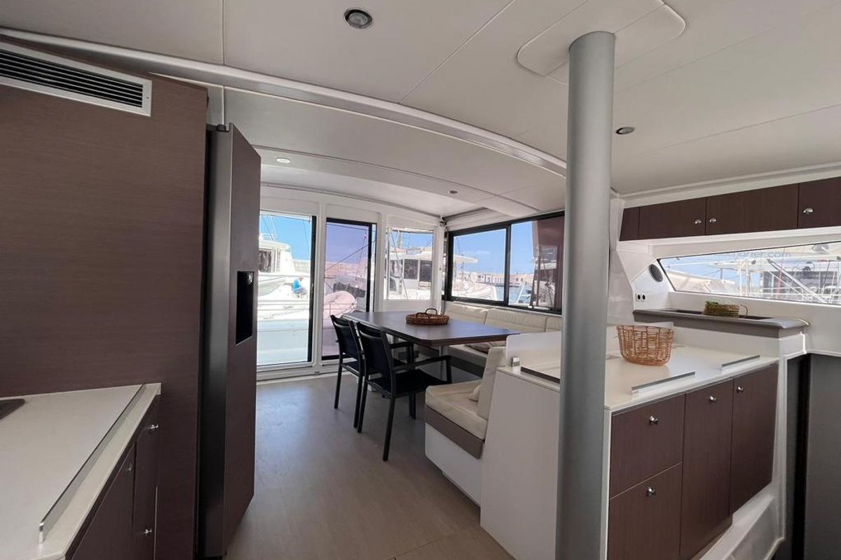 Salon of AQUA, a Bali 4.3 catamaran at Capo d'Orlando, Italy