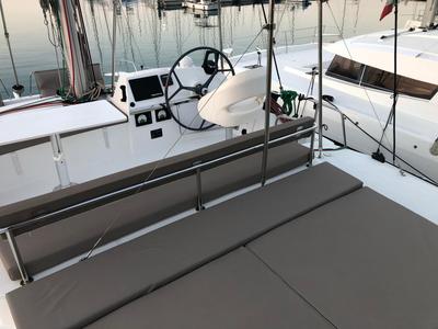 Cockpit of AQUA, a Bali 4.3 catamaran at Capo d'Orlando, Italy