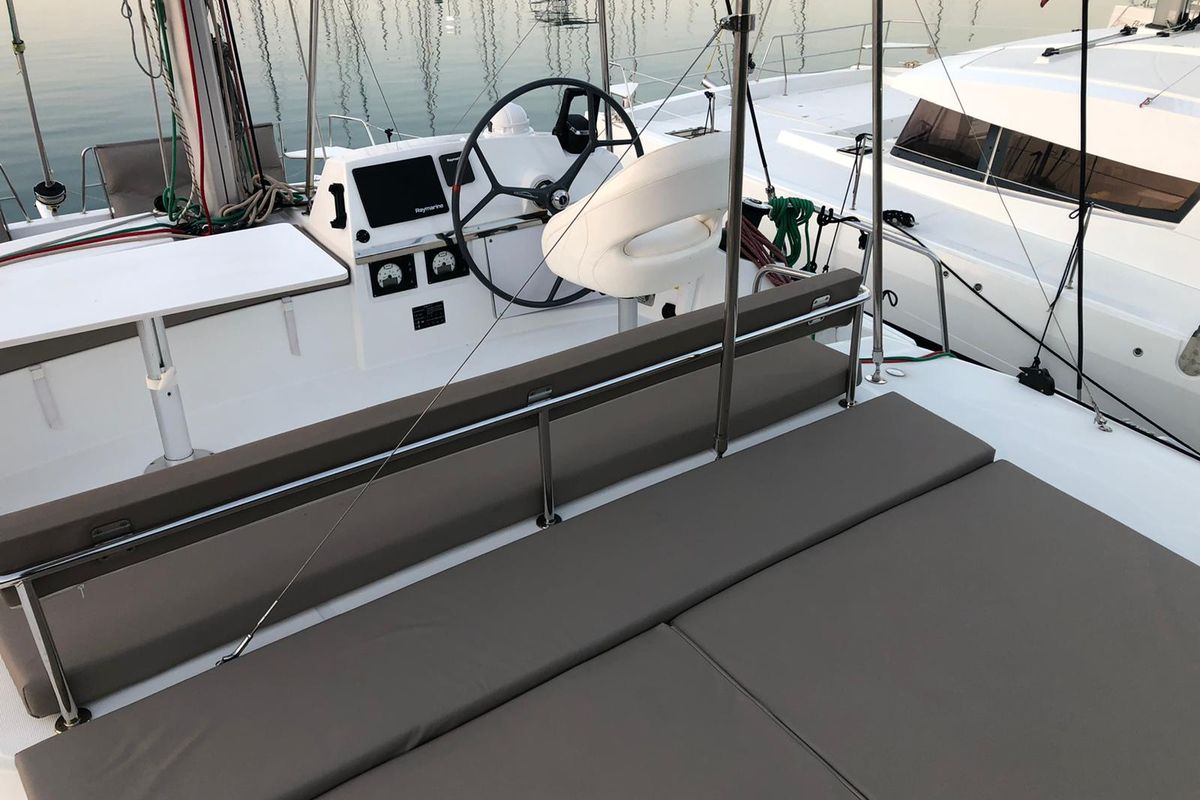 Cockpit of AQUA, a Bali 4.3 catamaran at Capo d'Orlando, Italy