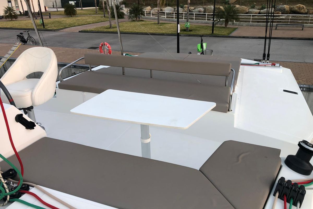 Deck of AQUA, a Bali 4.3 catamaran at Capo d'Orlando, Italy