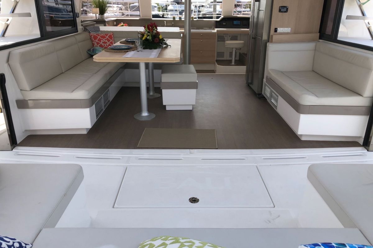 Salon of AQUA, a Bali 4.3 catamaran at Capo d'Orlando, Italy