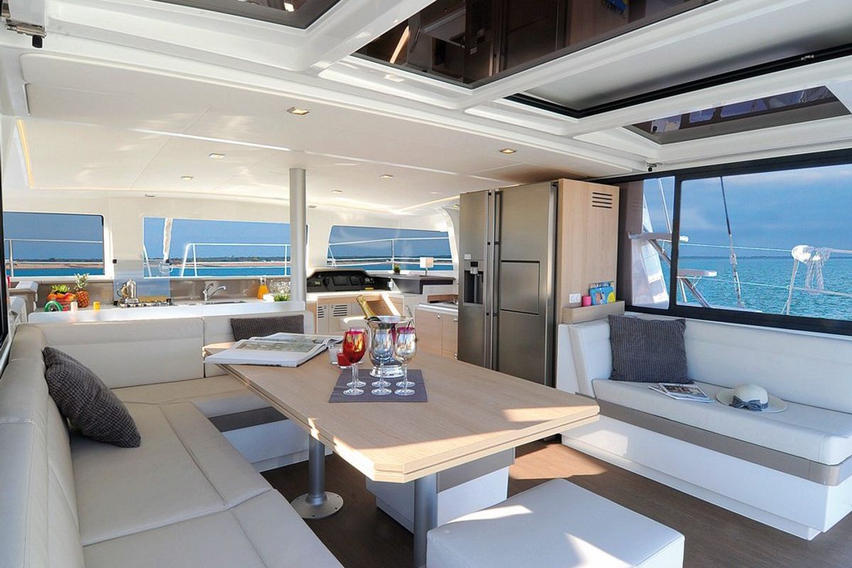 Salon of AQUA, a Bali 4.3 catamaran at Capo d'Orlando, Italy