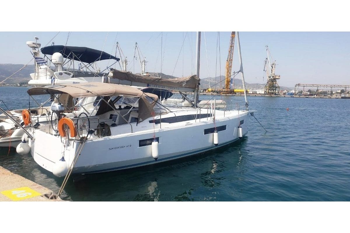 Exterior view of Sylphie, a Jeanneau Sun Odyssey 410 sailboat at Neo Klima, Greece
