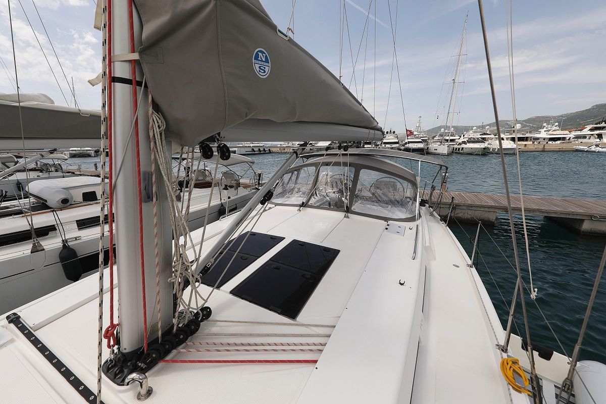 Exterior view of Mika, a Hanse Yachts Hanse 458 sailboat at Općina Sukošan, Croatia