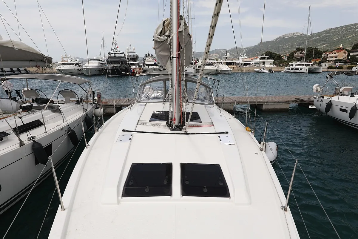 Exterior view of Mika, a Hanse Yachts Hanse 458 sailboat at Općina Sukošan, Croatia