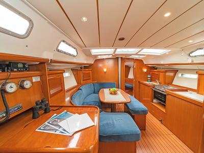 Salon of Milica, a Beneteau Oceanis 393 sailboat at Kos, Greece