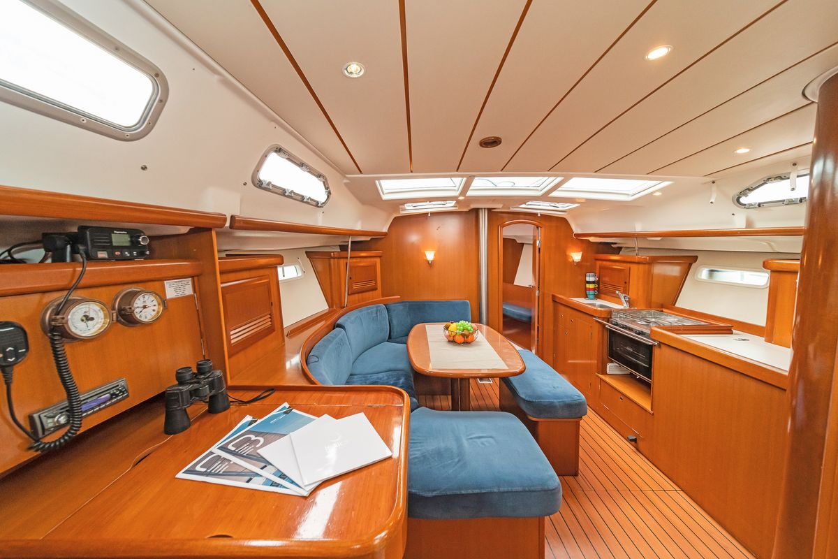 Salon of Milica, a Beneteau Oceanis 393 sailboat at Kos, Greece