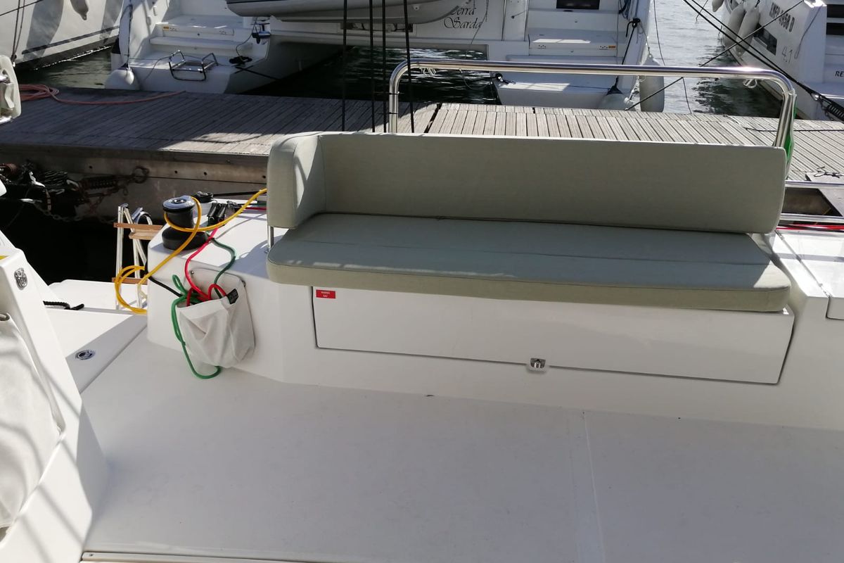 Deck of Violante, a Bali Catsmart catamaran at Cagliari, Italy