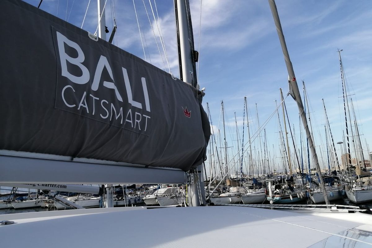 Exterior view of Violante, a Bali Catsmart catamaran at Cagliari, Italy