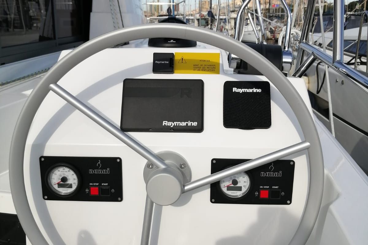 Cockpit of Violante, a Bali Catsmart catamaran at Cagliari, Italy