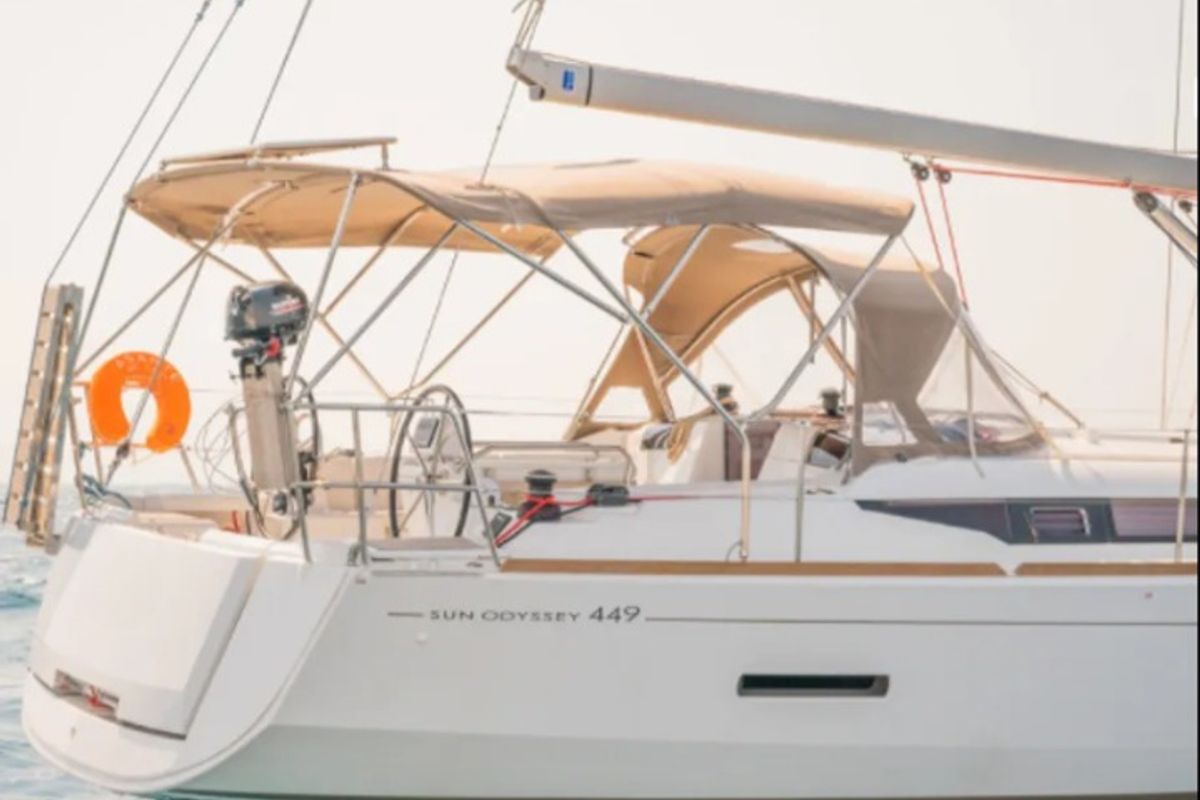 Exterior view of Sante, a Jeanneau Sun Odyssey 449 sailboat at Municipal Unit of Lefkada, Greece