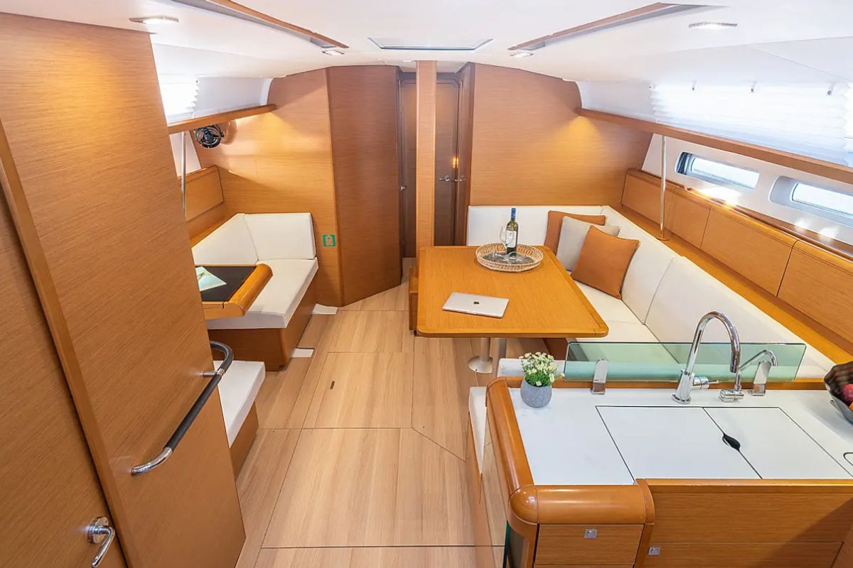 Salon of Sante, a Jeanneau Sun Odyssey 449 sailboat at Municipal Unit of Lefkada, Greece