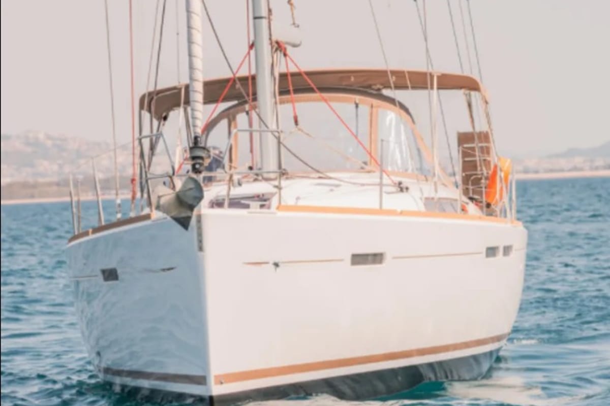 Exterior view of Sante, a Jeanneau Sun Odyssey 449 sailboat at Municipal Unit of Lefkada, Greece