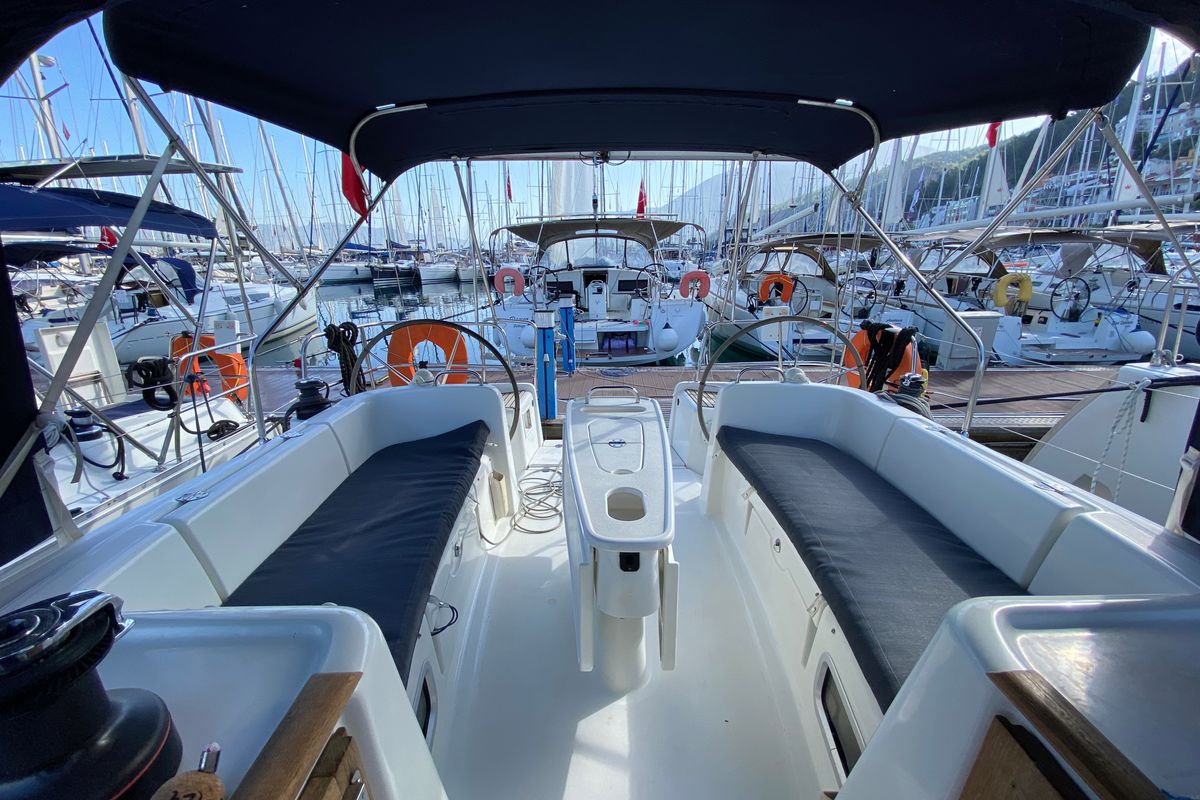 Deck of Six Pack, a Beneteau Cyclades 39.3 sailboat at Fethiye, Turkey