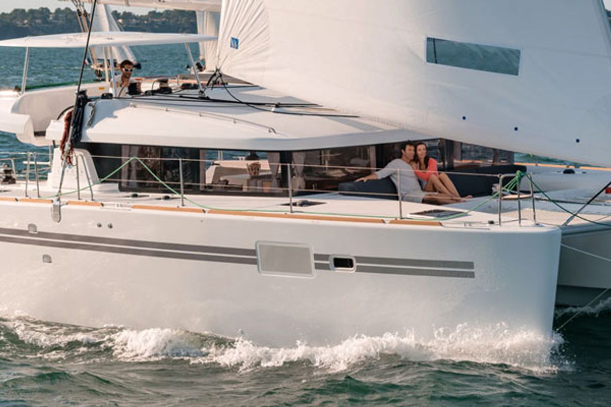 Exterior view of Aloha, a Lagoon 450 S catamaran at Grad Kaštela, Croatia
