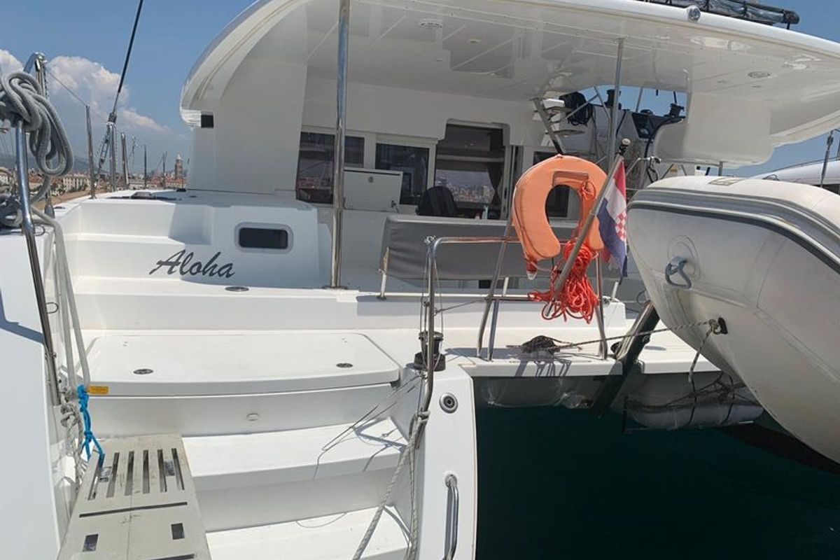 Deck of Aloha, a Lagoon 450 S catamaran at Grad Kaštela, Croatia