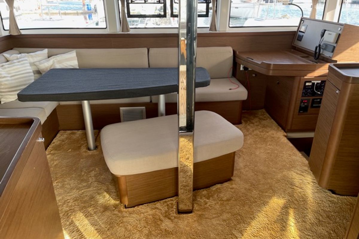 Salon of Aurora, a Lagoon 42 catamaran at Athens, Greece