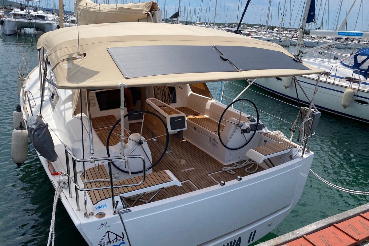 Exterior view of Diniva II, a Dufour 382 GL sailboat at Punat, Croatia