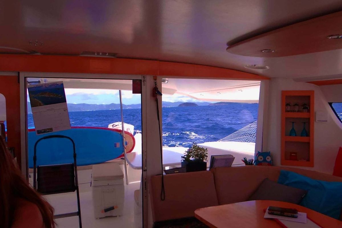 Salon of Zenith, a Fountaine Pajot Salina 48 catamaran at San Blas, Corazon de Jesus, Panama