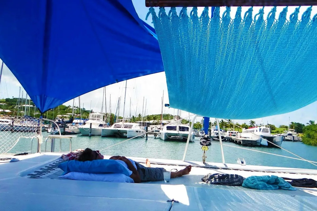 Deck of Zenith, a Fountaine Pajot Salina 48 catamaran at San Blas, Corazon de Jesus, Panama
